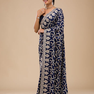 Navy Blue Zariwork Georgette Saree