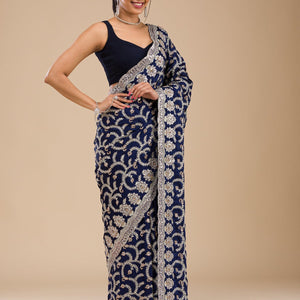 Navy Blue Zariwork Georgette Saree