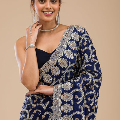 Navy Blue Zariwork Georgette Saree