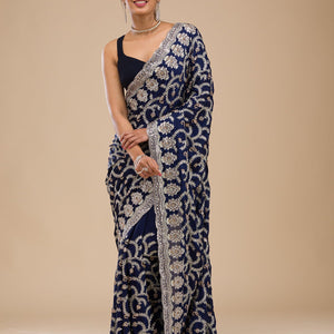 Navy Blue Zariwork Georgette Saree