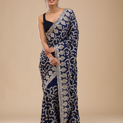 Navy Blue Zariwork Georgette Saree
