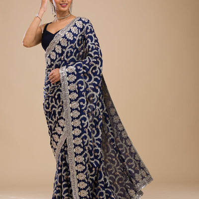 Navy Blue Zariwork Georgette Saree