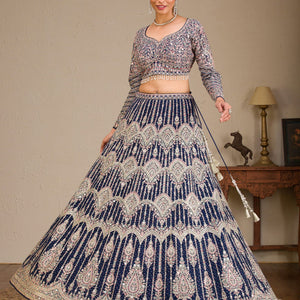 Navy Blue Zariwork Raw Silk Readymade Lehenga