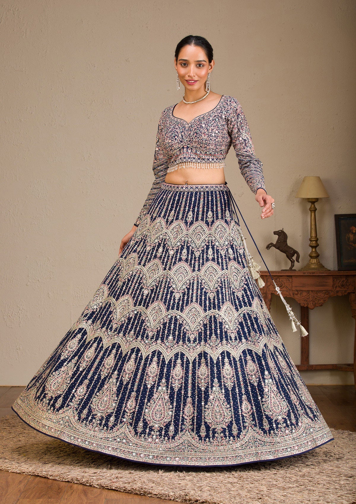 Navy Blue Zariwork Raw Silk Readymade Lehenga