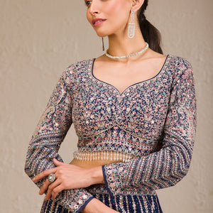 Navy Blue Zariwork Raw Silk Readymade Lehenga