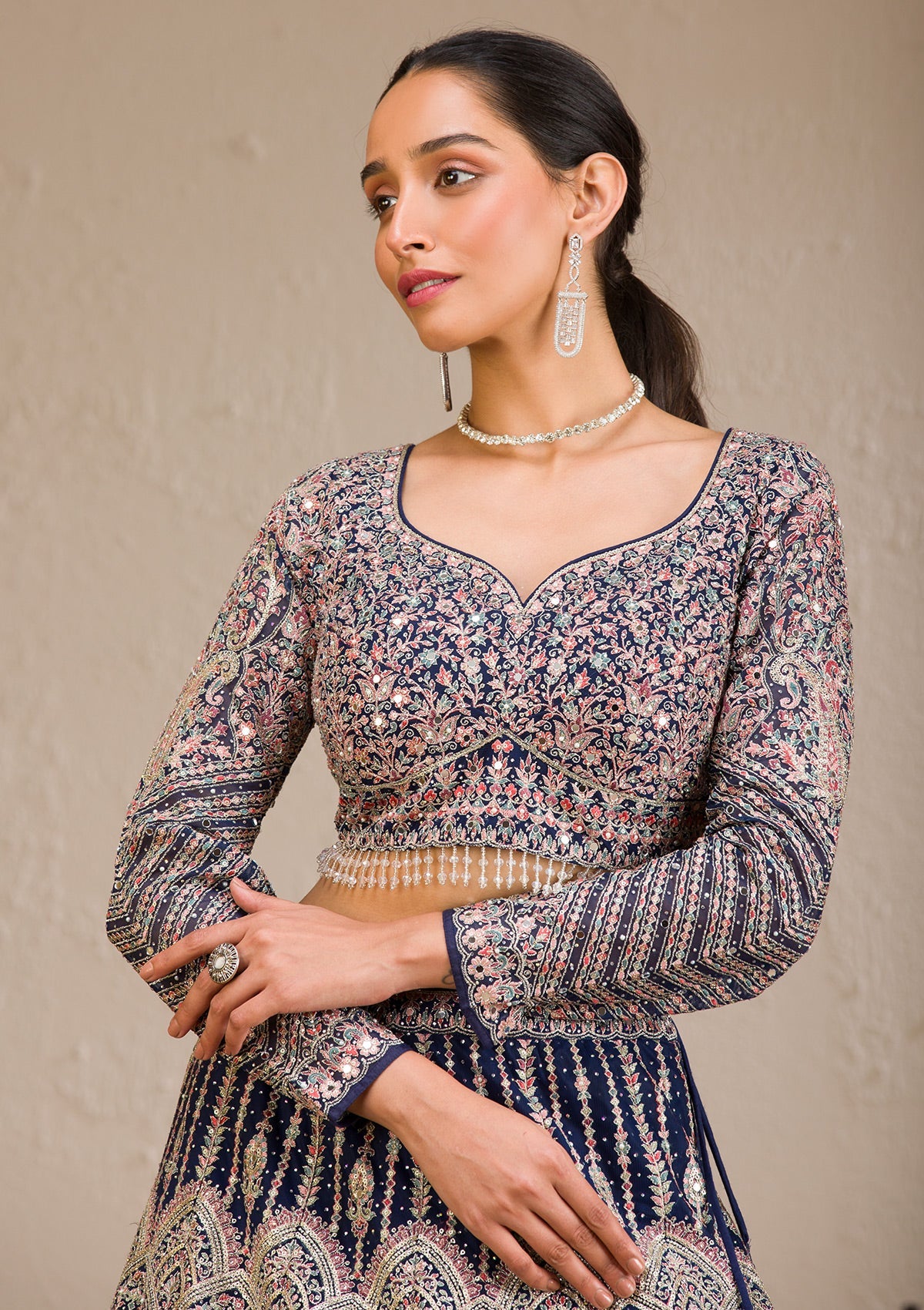 Navy Blue Zariwork Raw Silk Readymade Lehenga