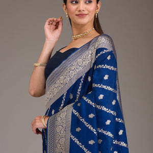 Navy Blue Zariwork Semi Crepe Saree