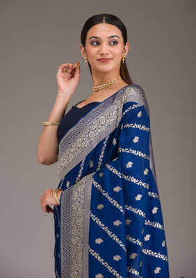 Navy Blue Zariwork Semi Crepe Saree