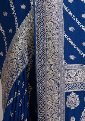 Navy Blue Zariwork Semi Crepe Saree