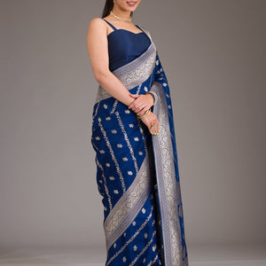 Navy Blue Zariwork Semi Crepe Saree