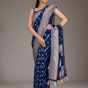 Navy Blue Zariwork Semi Crepe Saree