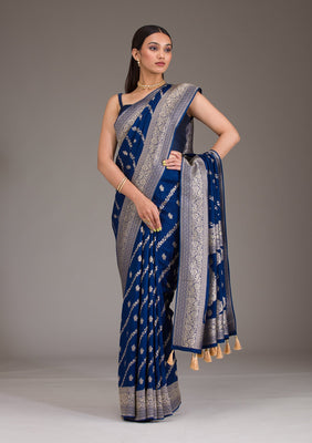 Navy Blue Zariwork Semi Crepe Saree