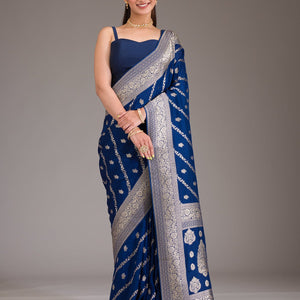 Navy Blue Zariwork Semi Crepe Saree