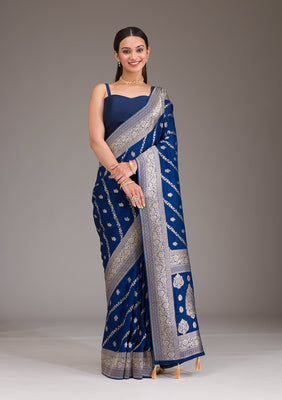 Navy Blue Zariwork Semi Crepe Saree