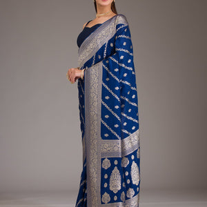 Navy Blue Zariwork Semi Crepe Saree