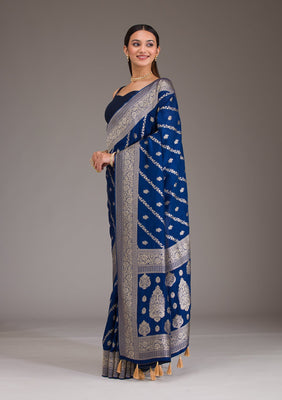 Navy Blue Zariwork Semi Crepe Saree