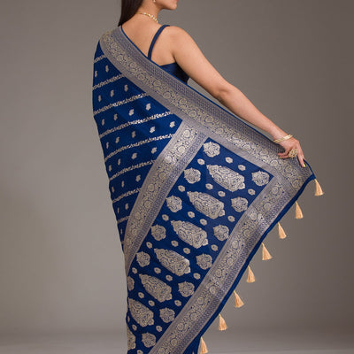Navy Blue Zariwork Semi Crepe Saree