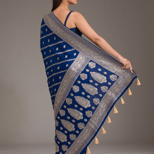 Navy Blue Zariwork Semi Crepe Saree