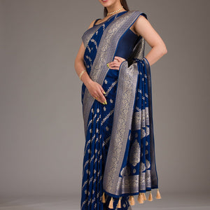 Navy Blue Zariwork Semi Crepe Saree