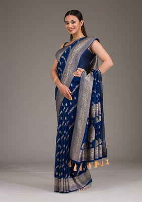 Navy Blue Zariwork Semi Crepe Saree