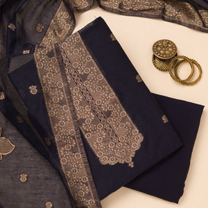 Navy Blue Zariwork Soft Silk Unstitched Salwar Suit