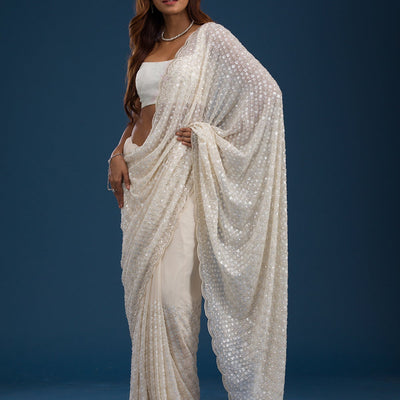 Off White Sequins Georgette Saree