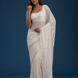 Off White Sequins Georgette Saree