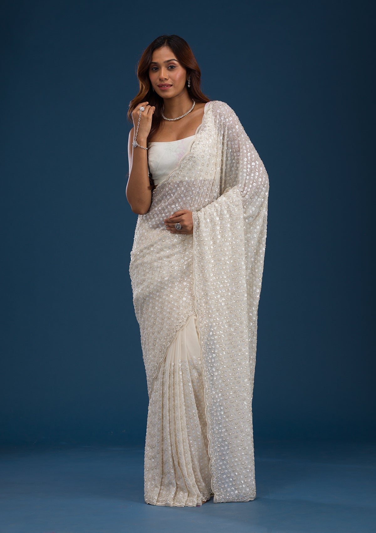 Off White Sequins Georgette Saree