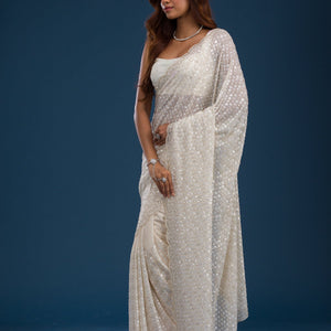 Off White Sequins Georgette Saree