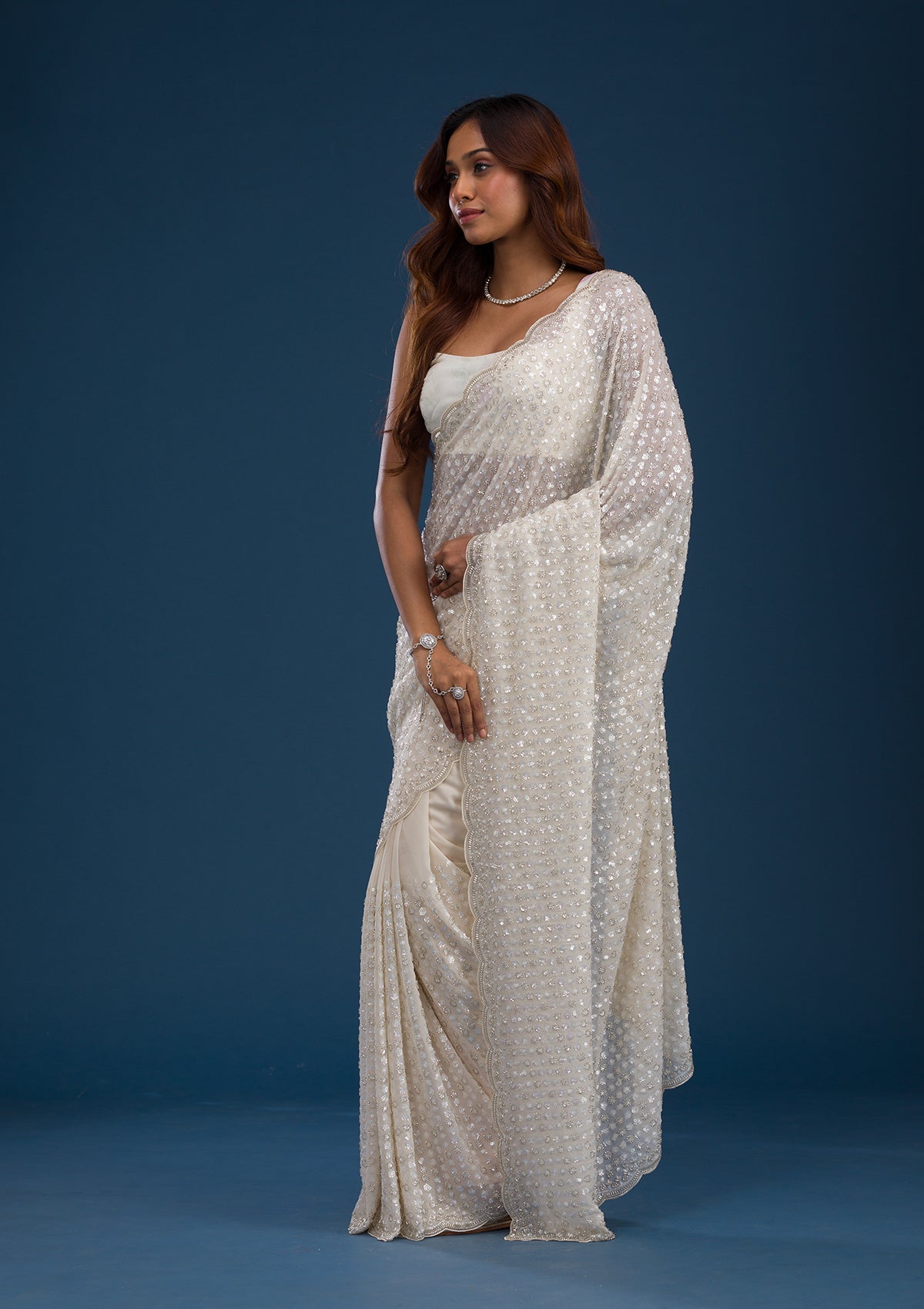 Off White Sequins Georgette Saree