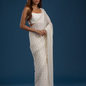 Off White Sequins Georgette Saree
