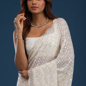 Off White Sequins Georgette Saree