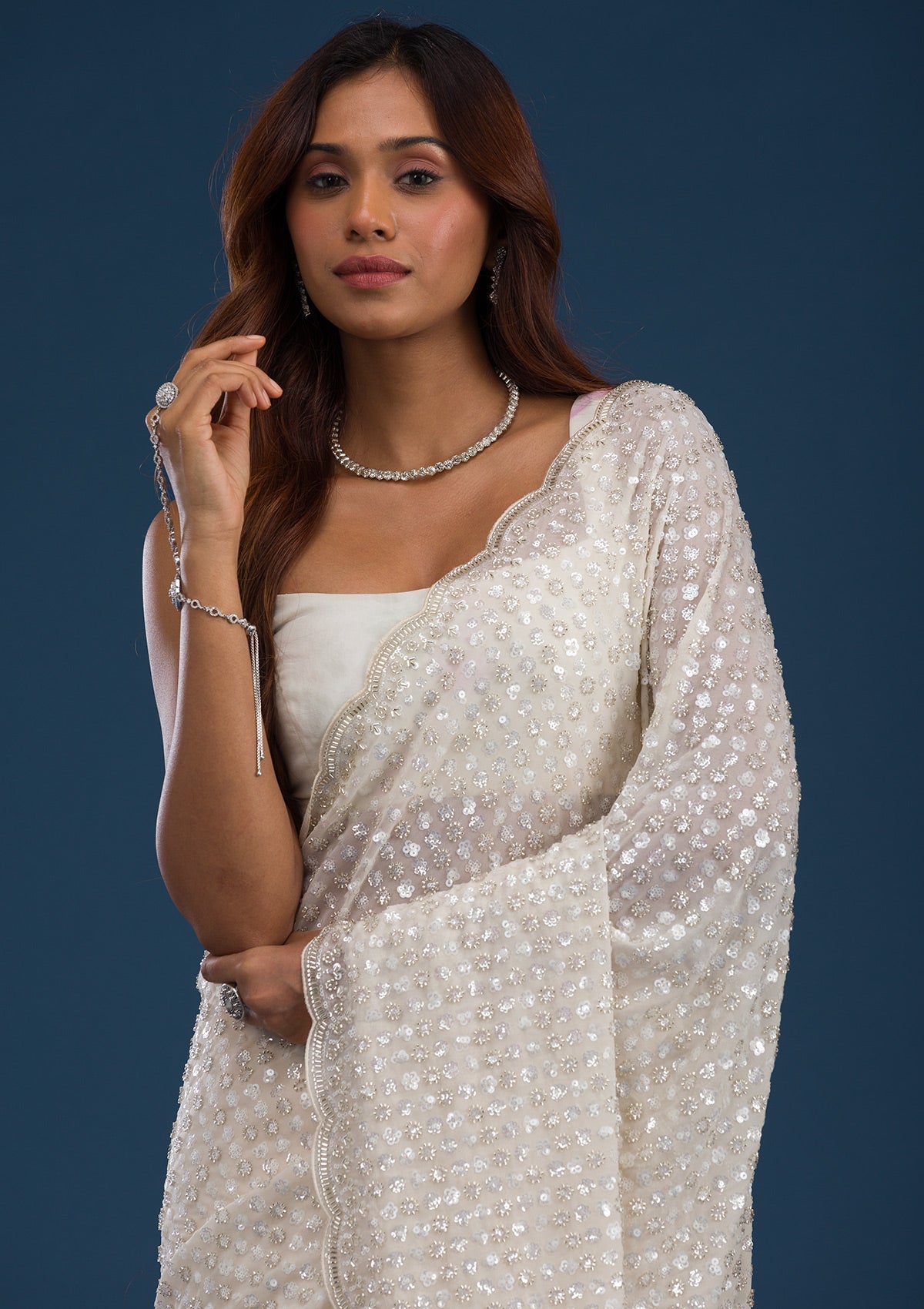 Off White Sequins Georgette Saree