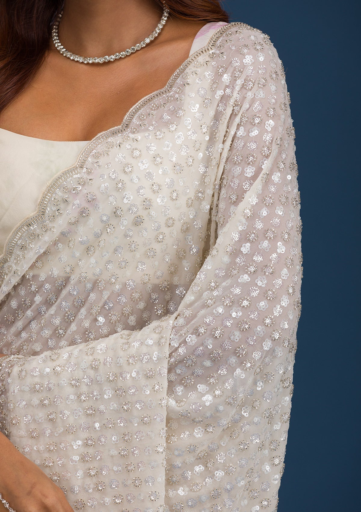 Off White Sequins Georgette Saree