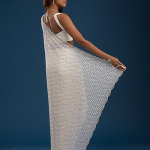 Off White Sequins Georgette Saree