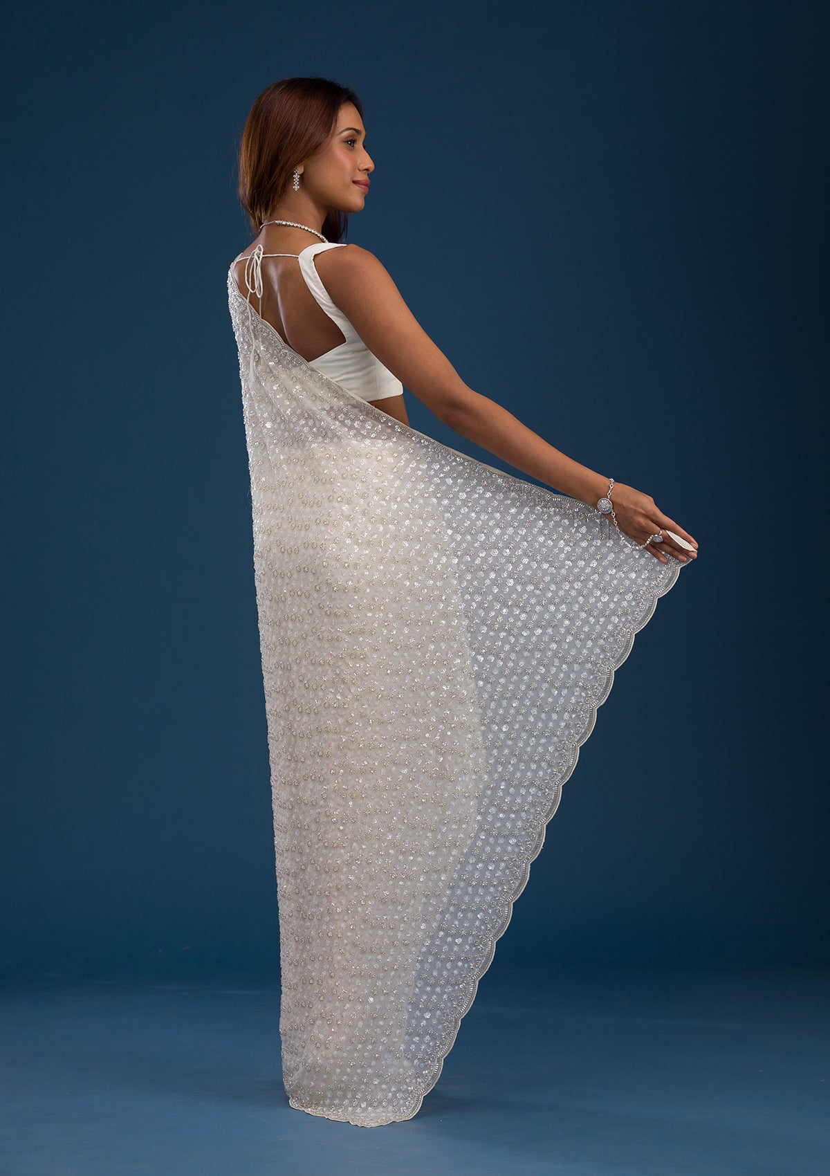 Off White Sequins Georgette Saree