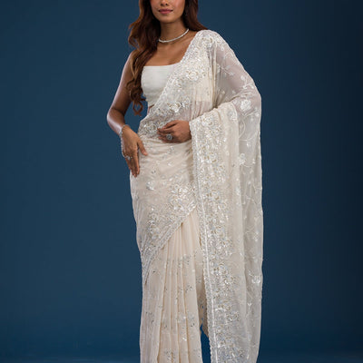 Off White Sequins Georgette Saree