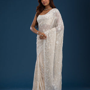 Off White Sequins Georgette Saree