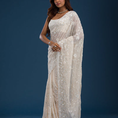 Off White Sequins Georgette Saree