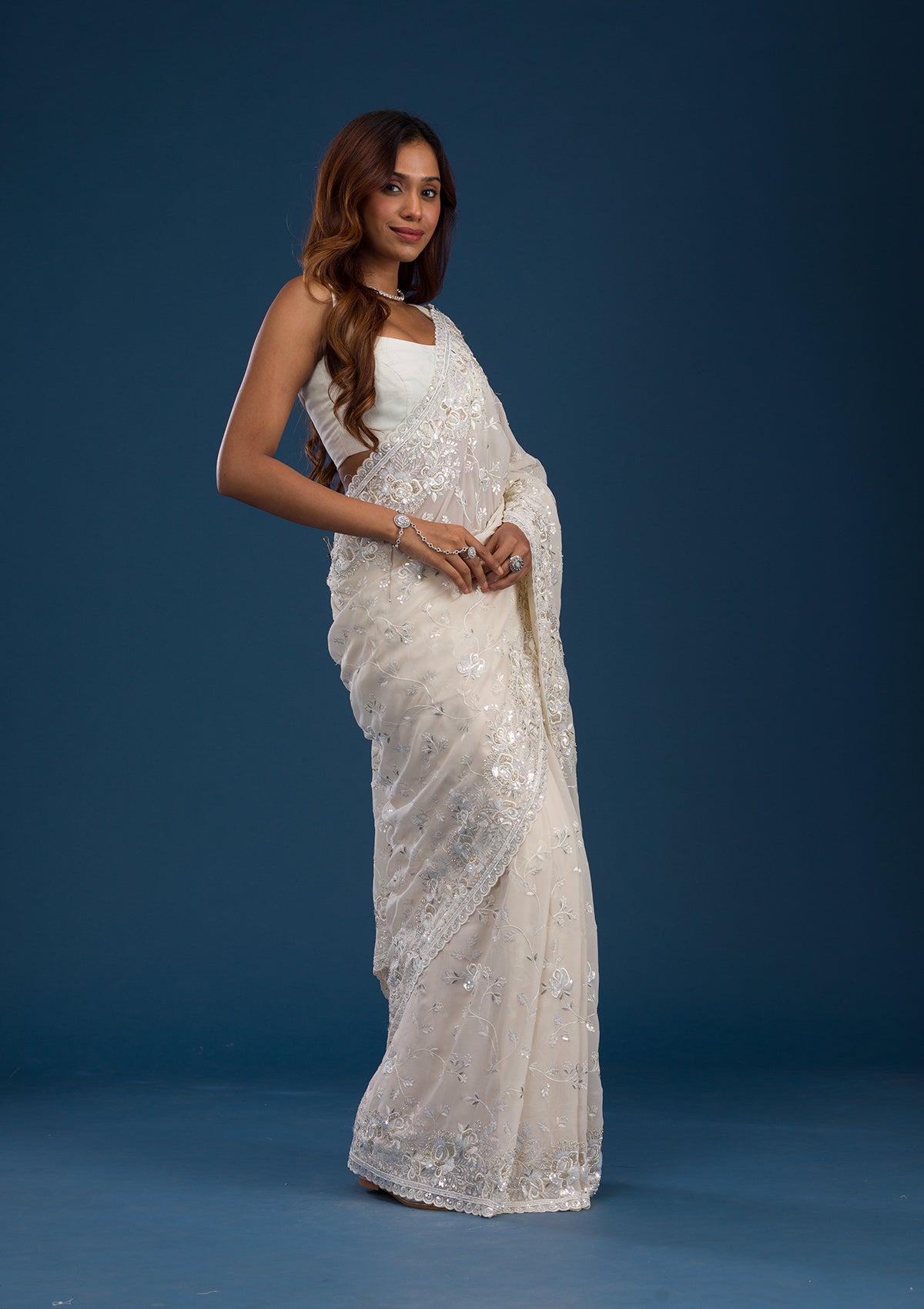 Off White Sequins Georgette Saree