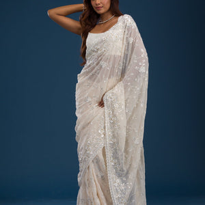 Off White Sequins Georgette Saree