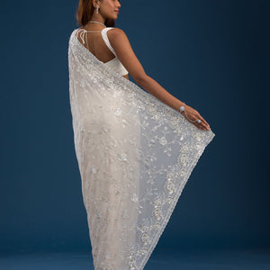 Off White Sequins Georgette Saree