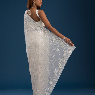Off White Sequins Georgette Saree