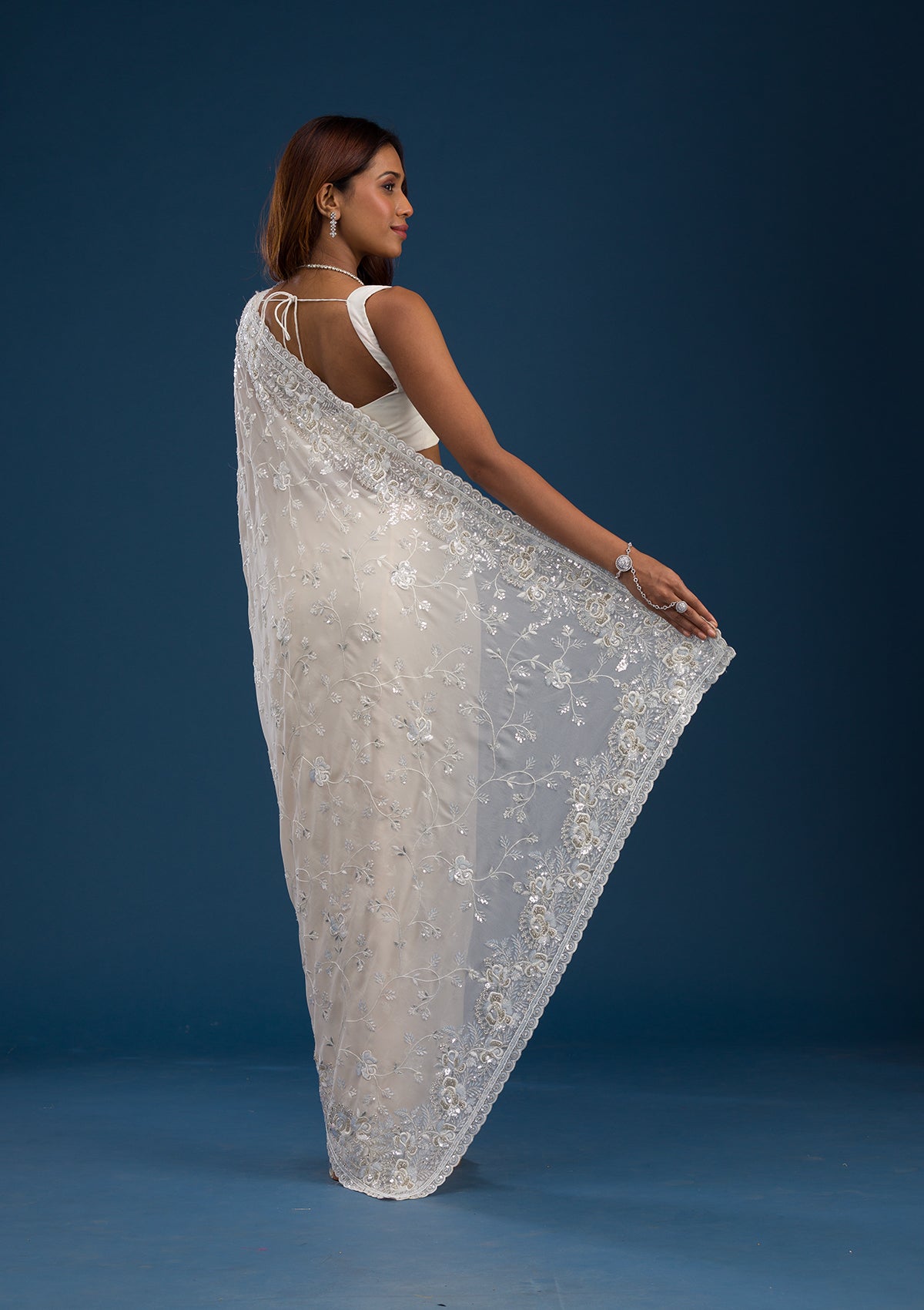 Off White Sequins Georgette Saree