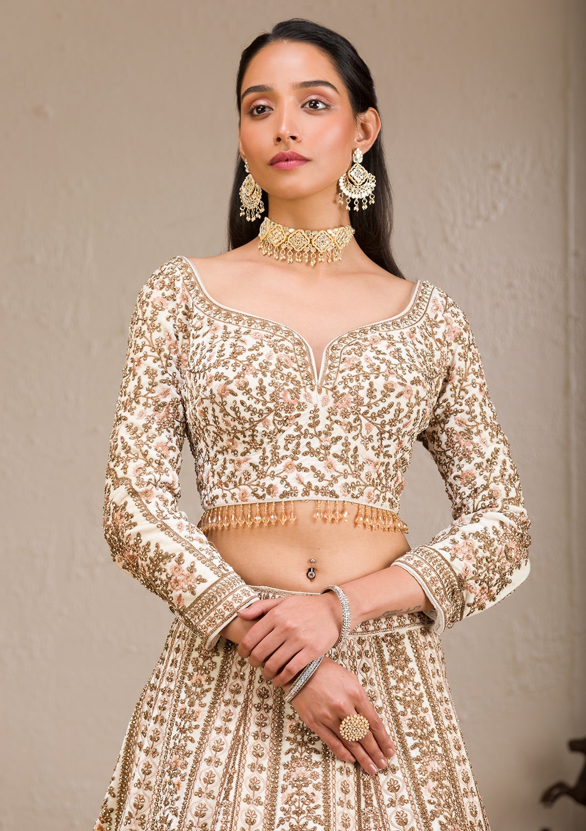 Off White Zariwork Velvet Readymade Lehenga