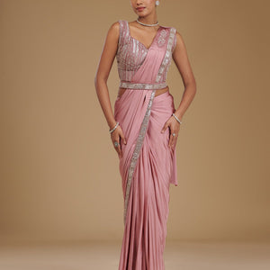 Onion Pink Cutdana Satin Readymade Saree