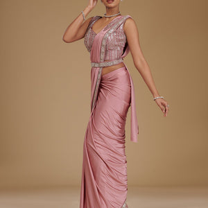 Onion Pink Cutdana Satin Readymade Saree