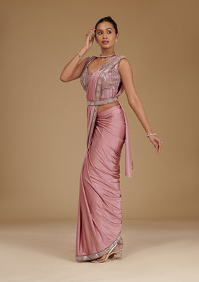 Onion Pink Cutdana Satin Readymade Saree
