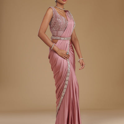 Onion Pink Cutdana Satin Readymade Saree