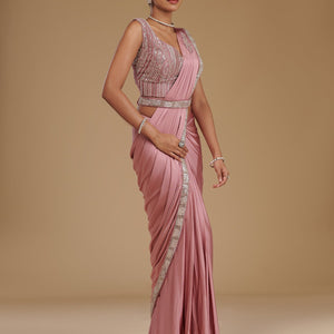 Onion Pink Cutdana Satin Readymade Saree